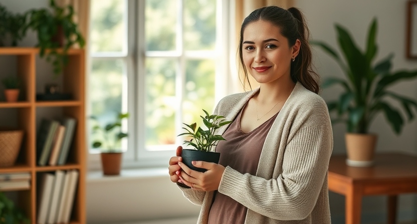 A caring and confident young woman standing on the right side of the frame, cradling a small potted plant with gentle hands. She wears a soft cardigan and a simple dress, exuding warmth and reliability. The background features a cozy, sunlit room with a window showcasing lush greenery outside. Her expression is calm yet protective, symbolizing her nurturing nature. Subtle details like a bookshelf with plants and a wooden table in the corner add to the serene atmosphere. The soft sunlight enhances her compassionate and dependable aura, making her the focal point of the scene.